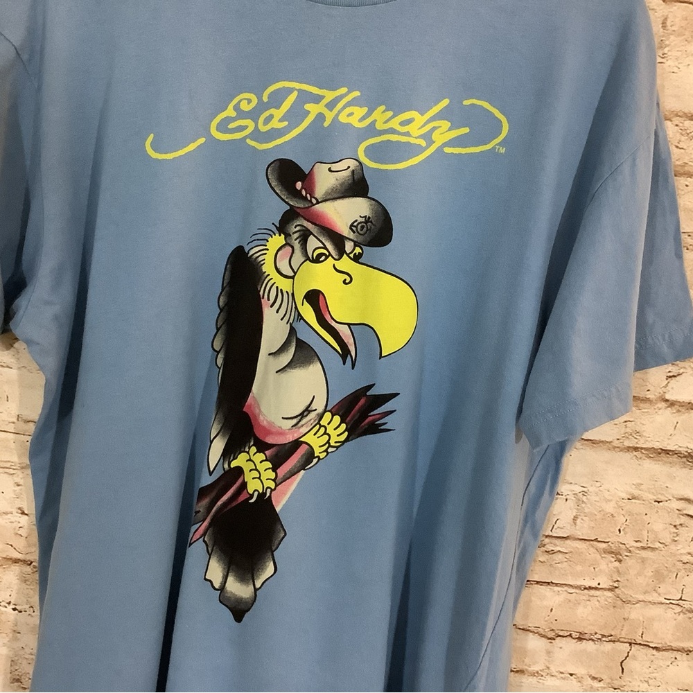 Christian Audigier Ed Hardy Light Blue Tee with Parrot Graphic Y2K Vintage 4XL - Picture 2 of 5